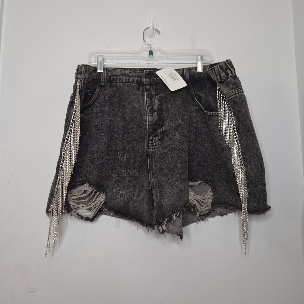 Savanna Jane Black Acid Wash Rhinestone Fringe Distressed Denim Shorts 3X‎ NEW